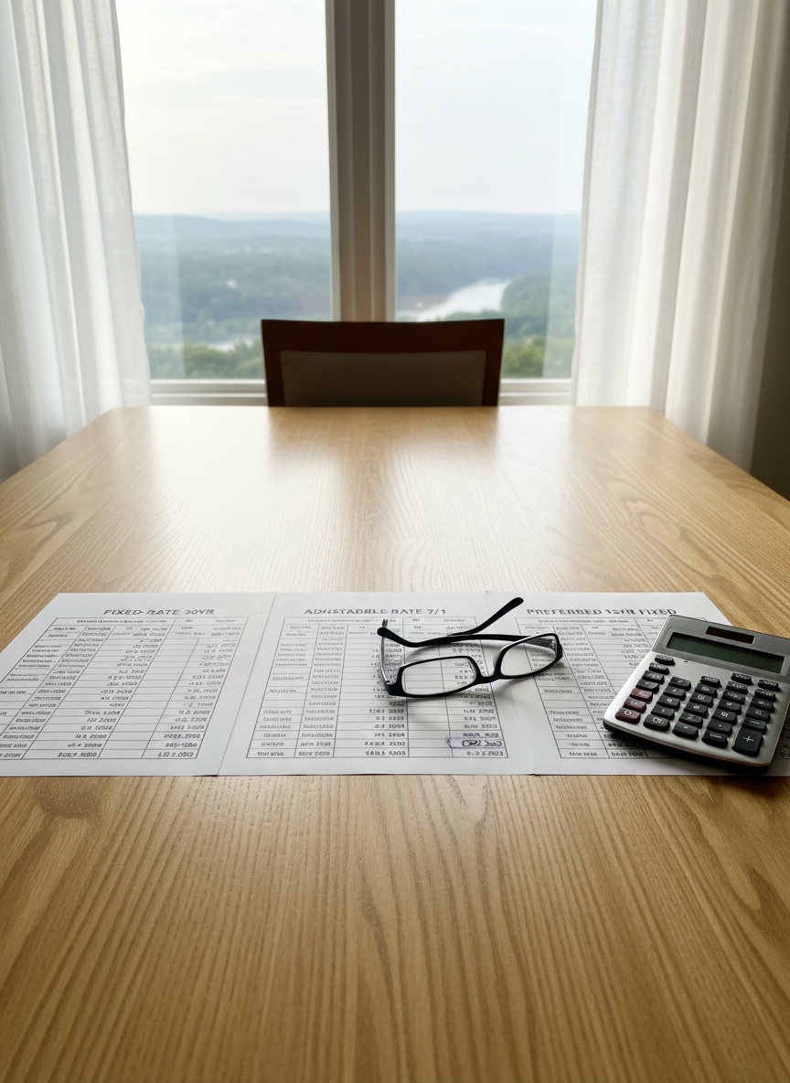An organized home loan comparison scene on a light oak dining table, featuring three neatly aligned printed rate sheets labeled with clear headings, a sleek brushed-steel calculator, and a pair of simple black reading glasses resting atop the most competitive offer. Behind them, a large window reveals a blurred view of Northern Kentucky hills and a winding river. Soft morning daylight diffuses through sheer white curtains, creating an even, gentle illumination with minimal shadows. Photographic realism, shot from a slightly elevated angle with moderate depth of field so all documents remain legible while the background fades into a pleasing blur. The mood is analytical yet reassuring, emphasizing transparency, choice, and expert mortgage guidance.
