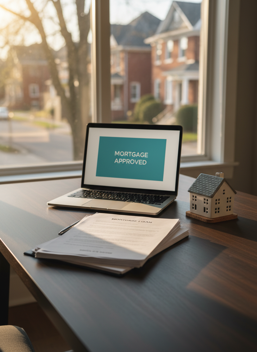 A neatly arranged mortgage consultation workspace featuring a dark walnut desk with a subtle matte finish, covered with neatly stacked home loan documents, a silver laptop displaying a clean mortgage approval screen, and a small ceramic house figurine with a slate-gray roof. In the background, a large window reveals a soft-focus view of a Cincinnati neighborhood with tree-lined streets and brick homes. Late afternoon natural light streams in, creating gentle highlights on the paper edges and a calm pattern of shadows across the desk. Photographic realism, shot at eye level with a slight angle, using shallow depth of field to keep the documents and house figurine in crisp focus while the surroundings blur softly. The mood is professional, reassuring, and orderly, conveying clear, simple mortgage guidance.