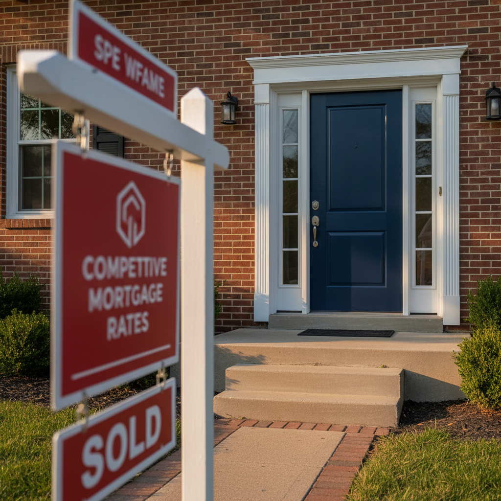 A freshly painted front door of a tidy brick home in Cincinnati, deep navy blue with a modern satin finish, framed by crisp white trim and a brushed nickel handle. A new “SOLD” rider is attached to a clean red-and-white real estate sign post in the foreground, slightly out of focus. Warm golden hour sunlight bathes the front steps and landscaped shrubs, casting soft, elongated shadows on the concrete walkway. Photographic realism, captured from a slightly low angle looking toward the door, with the sign in the near foreground and the house in sharp focus. The atmosphere is optimistic and celebratory yet calm, suggesting a smooth, successful home purchase closing with competitive mortgage rates.