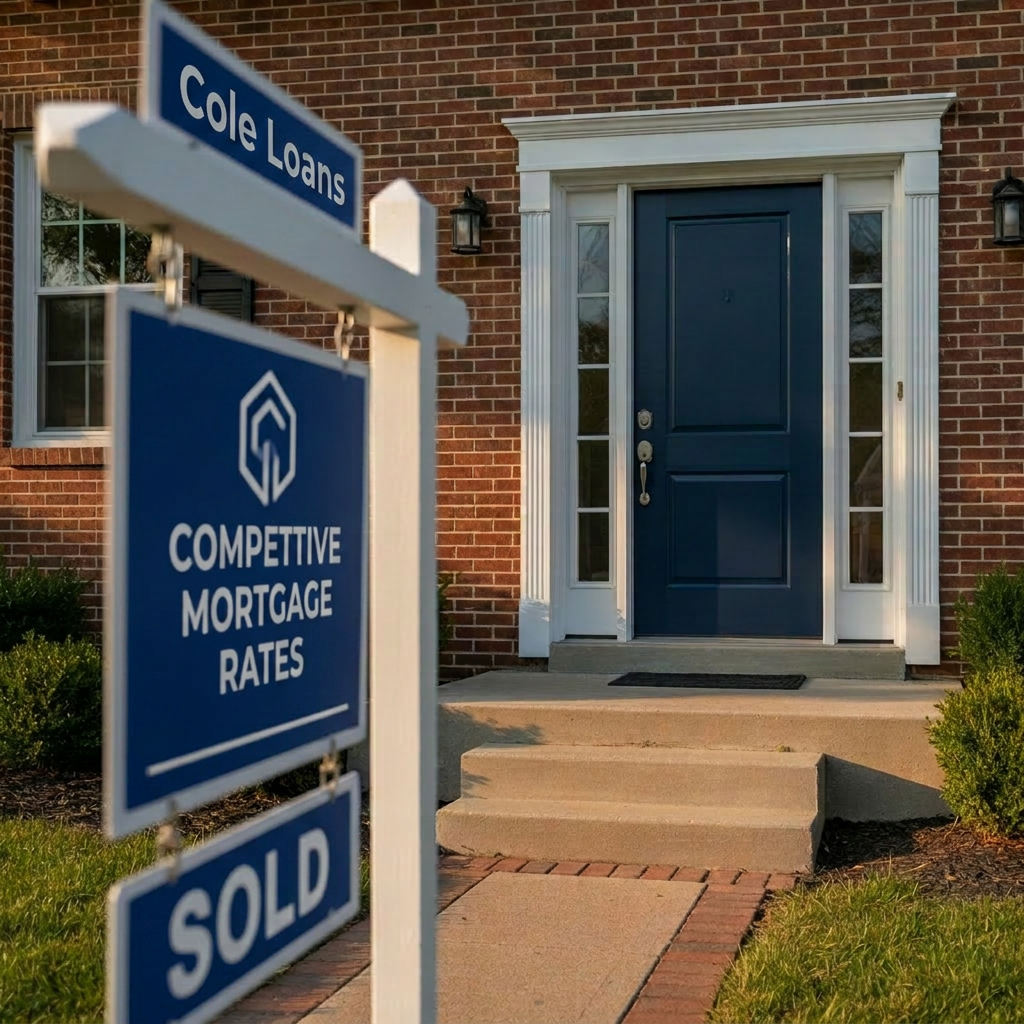 A freshly painted front door of a tidy brick home in Cincinnati, deep navy blue with a modern satin finish, framed by crisp white trim and a brushed nickel handle. A new “SOLD” rider is attached to a clean red-and-white real estate sign post in the foreground, slightly out of focus. Warm golden hour sunlight bathes the front steps and landscaped shrubs, casting soft, elongated shadows on the concrete walkway. Photographic realism, captured from a slightly low angle looking toward the door, with the sign in the near foreground and the house in sharp focus. The atmosphere is optimistic and celebratory yet calm, suggesting a smooth, successful home purchase closing with competitive mortgage rates.